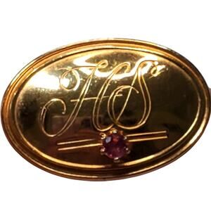 Avon Gold Tone Presidents Club Award Oval Brooch Pin with Ruby Rhinestone